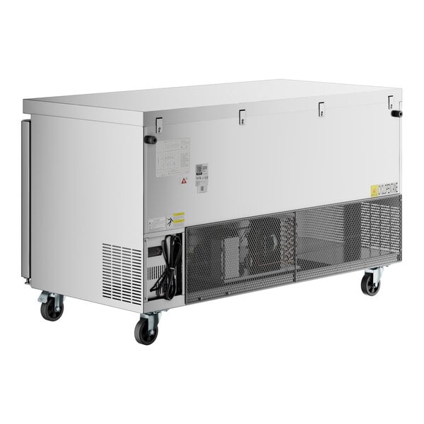 An Avantco stainless steel undercounter freezer on wheels.