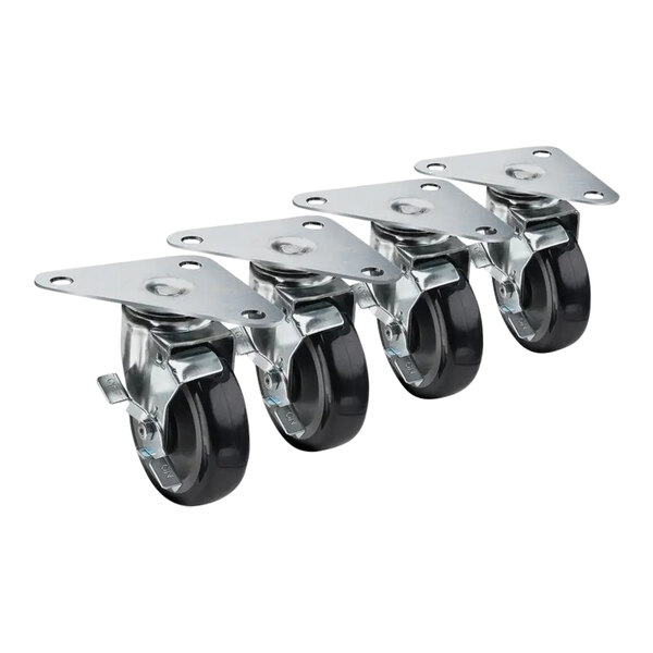 A row of Krowne plate casters with black rubber wheels.