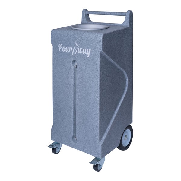 A granite gray rectangular PourAway liquids disposal receptacle with wheels.