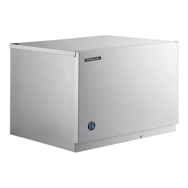 A stainless steel Hoshizaki water cooled ice machine with blue buttons.