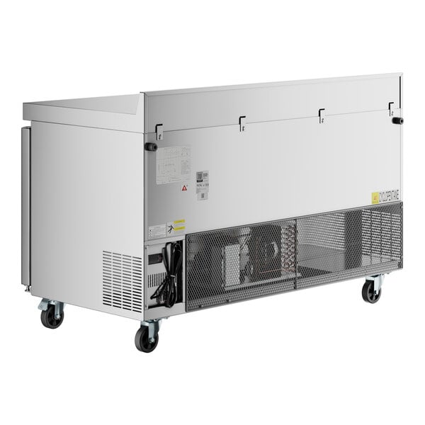 An Avantco stainless steel worktop refrigerator on wheels.