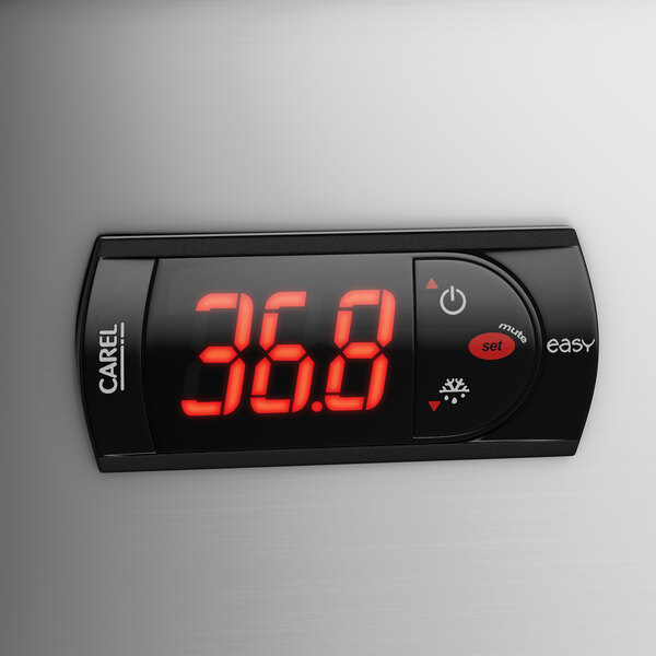 An Avantco worktop refrigerator with a digital thermostat displaying red numbers.