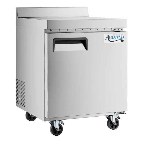 An Avantco worktop freezer on wheels.
