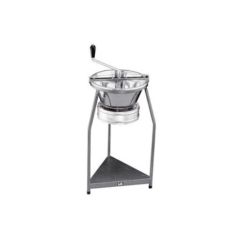 A Tellier tin-plated metal rotary food mill on a stand.