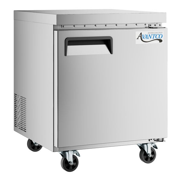 An Avantco stainless steel undercounter refrigerator on wheels.