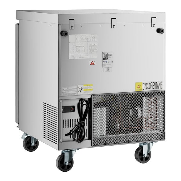 An Avantco undercounter refrigerator on wheels.