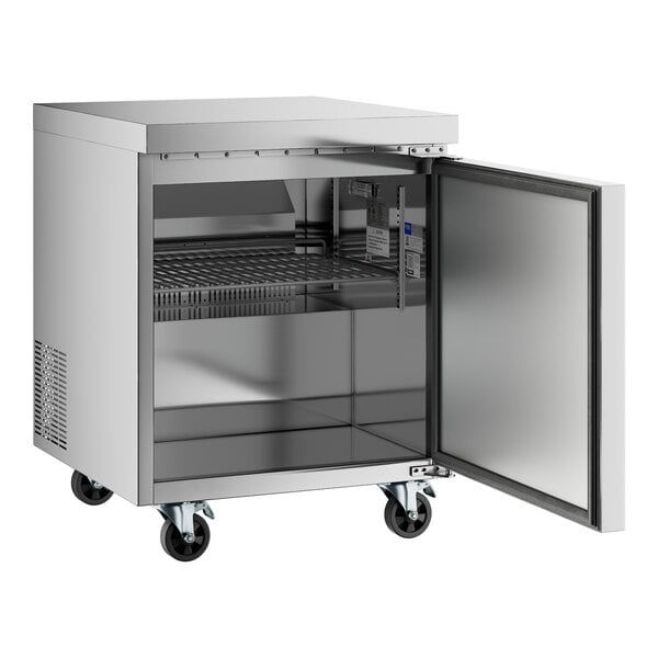 An Avantco stainless steel undercounter refrigerator with a door open.