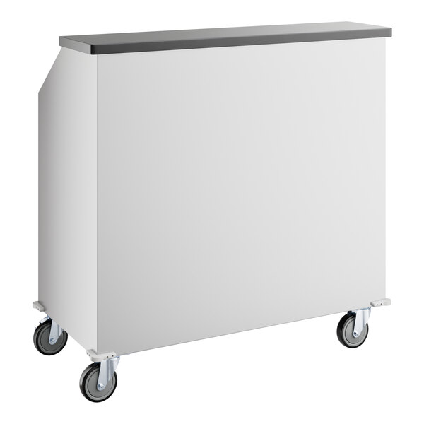 A silver rectangular Regency portable bar with a black top on wheels.