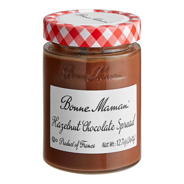 A Bonne Maman hazelnut chocolate spread jar.