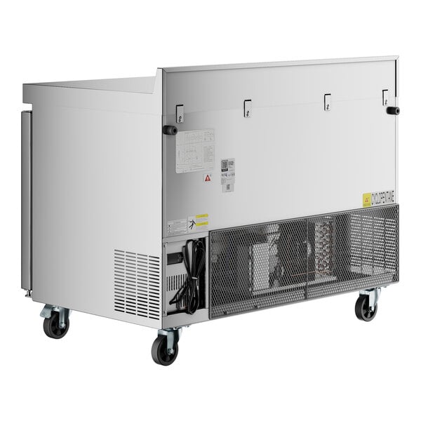 An Avantco stainless steel worktop refrigerator with wheels.