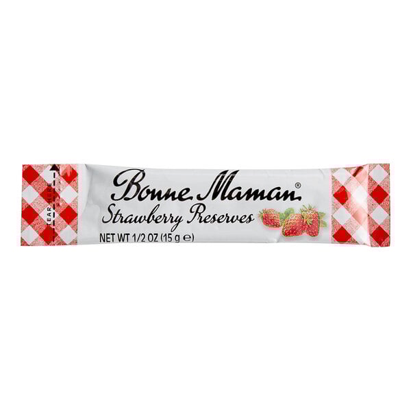 A Bonne Maman Strawberry Preserves stick in white and red packaging with black text.