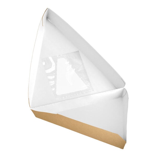 A triangular kraft clay-coated clamshell pizza slice box with a clear window on top.