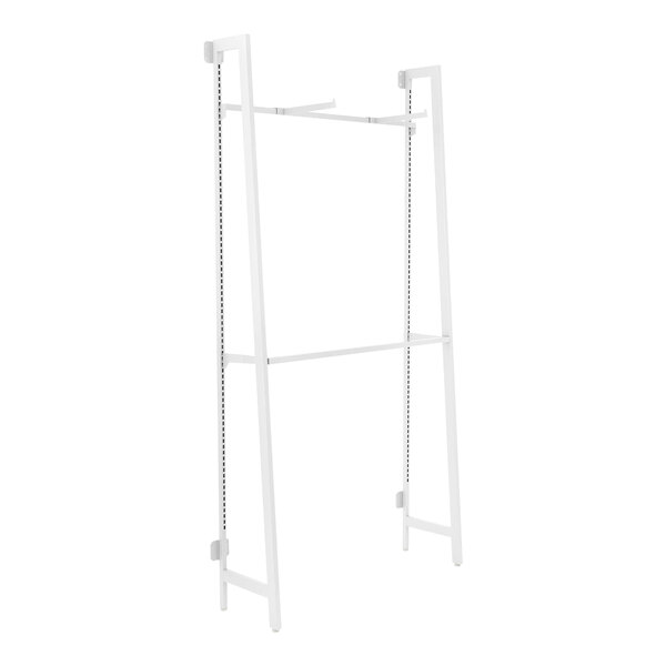 A white metal wall-mount rack with shelves and hangrail.