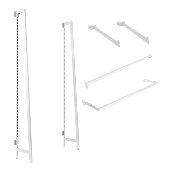 A white rectangular wall-mount with metal rods and faceouts.