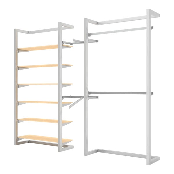 A white and grey metal wall-mount retail display with shelves, hangrails, and a waterfall.