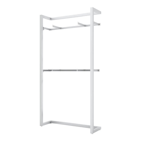 A white metal retail display with shelves, hangrails, and faceouts.