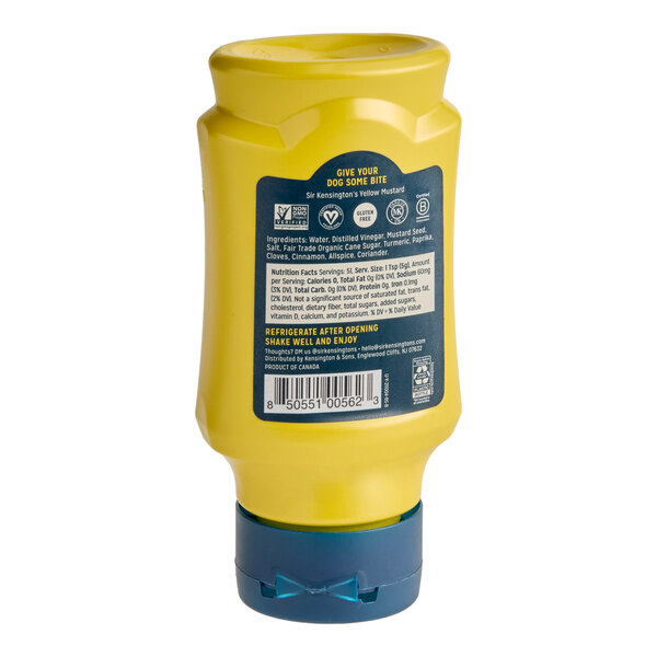 A yellow plastic squeeze bottle of Sir Kensington's Yellow Mustard, 9 oz size.