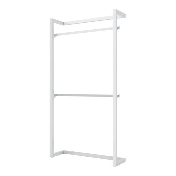 A white metal wall-mounted retail display with two hangrails.