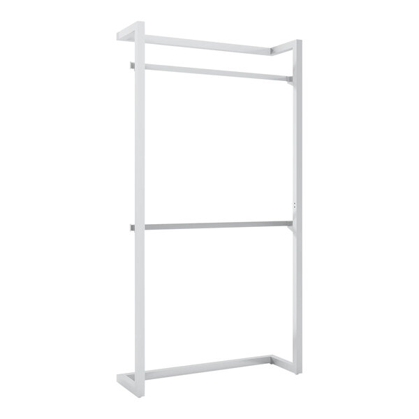 A white metal wall-mount retail display with two hangrails.
