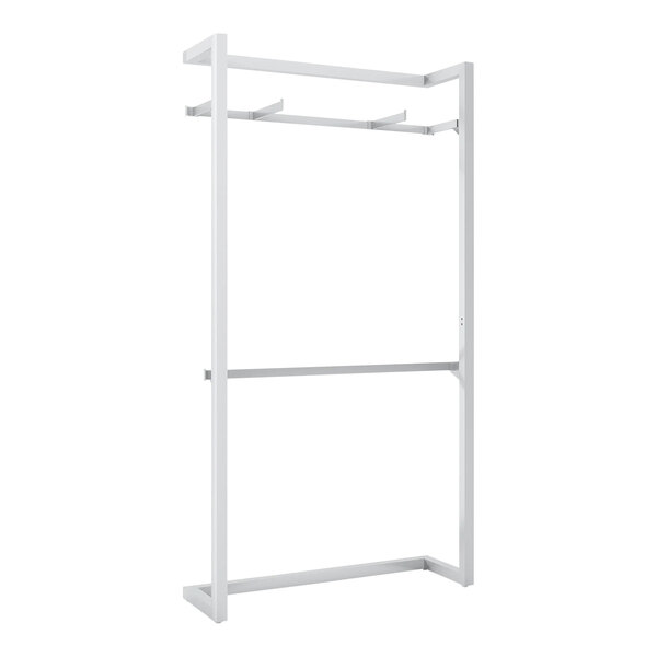 A white metal retail display with 2 hangrails and 2 faceouts.