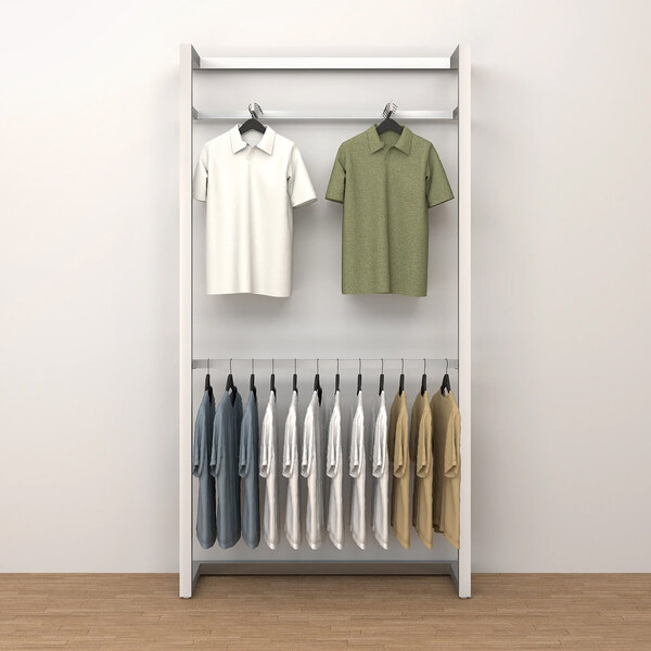 An Econoco wall-mount retail display rack with shirts hanging on it.