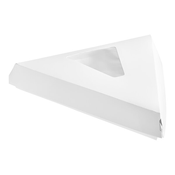 A white triangular Choice pizza slice box with a window.
