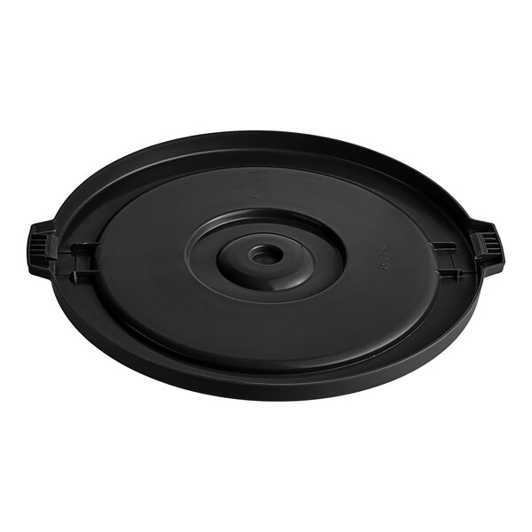 A black round plastic lid with a handle for a 32 gallon trash can.