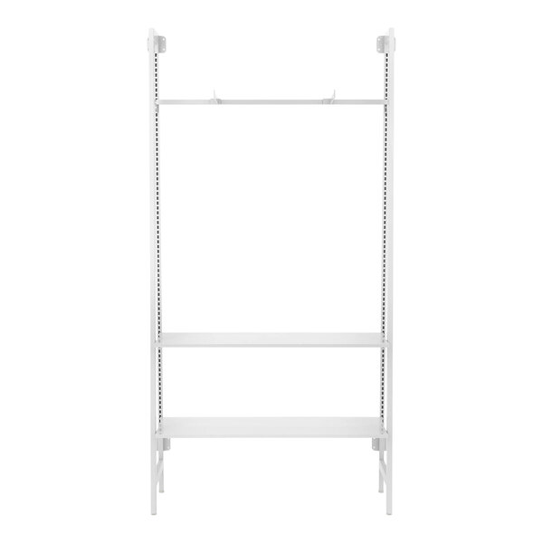 A white rectangular wall-mounted shelf with metal legs and two shelves.