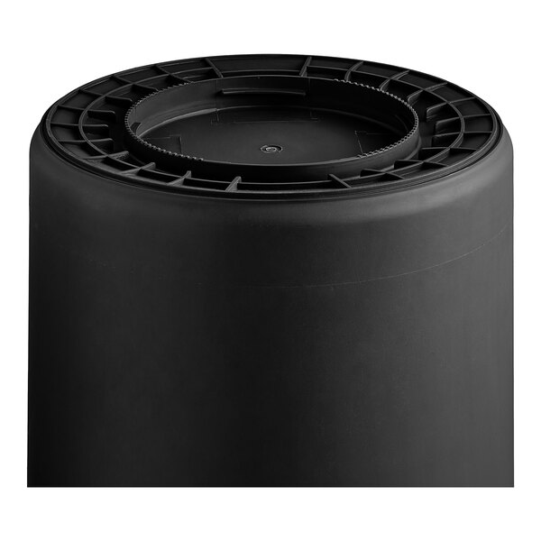 A black Advantage Supplies round plastic trash can with a lid.