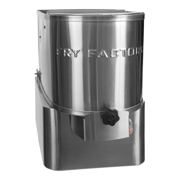 A stainless steel Fry Factory Inc. Automatic French Fry Cutter with a lid.