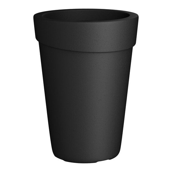 A black Lancaster Table & Seating Cole indoor/outdoor planter with a round top.