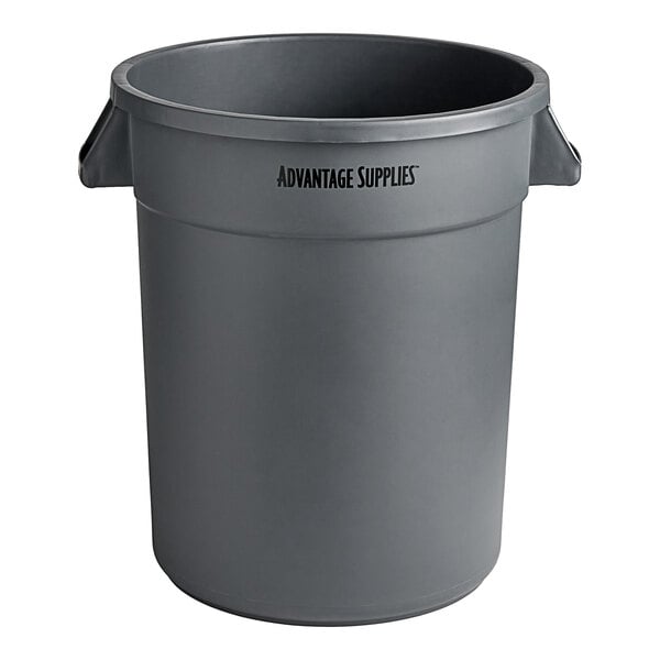 A gray plastic round 20 gallon trash can with the words "Advantage Supplies" on the side.