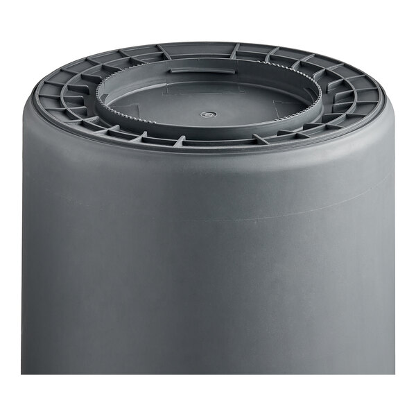 A gray round plastic container with a round lid.