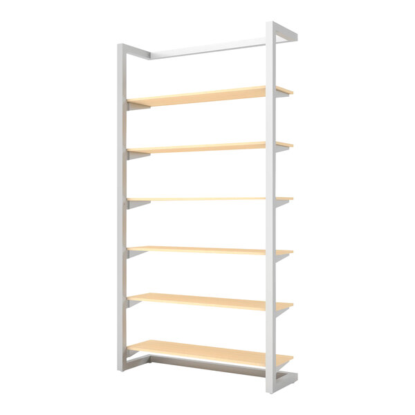 A white metal Econoco wall-mount retail display kit with wooden shelves on it.