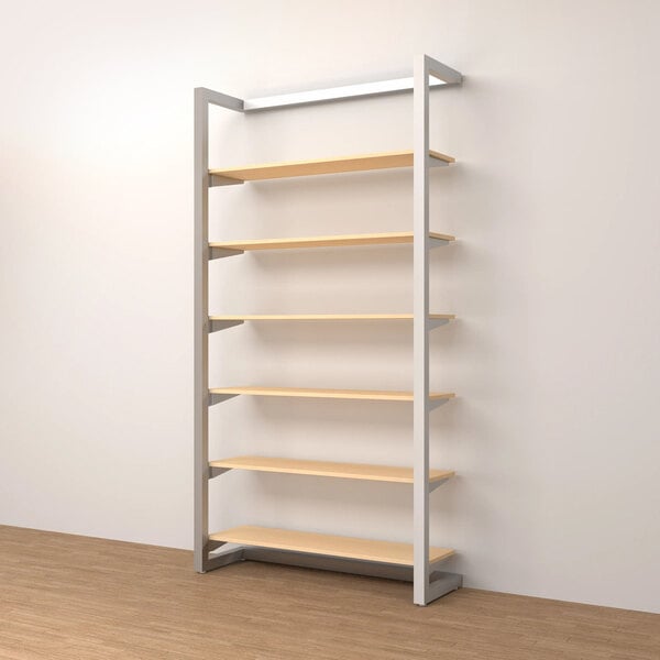 An Econoco white wall-mount retail display shelf with wooden shelves.