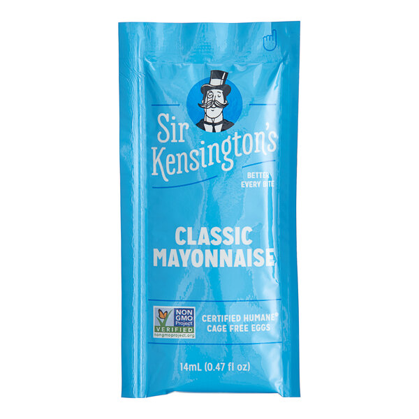 A blue package of Sir Kensington's Classic Mayonnaise with white text and a logo.