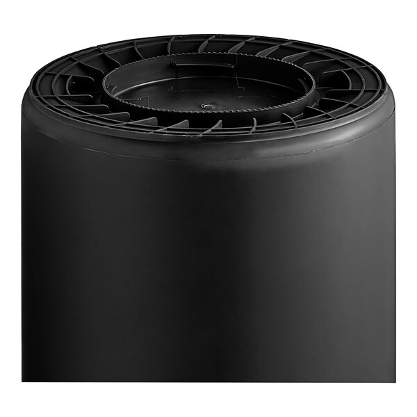 A black cylindrical plastic trash can with a circular lid.
