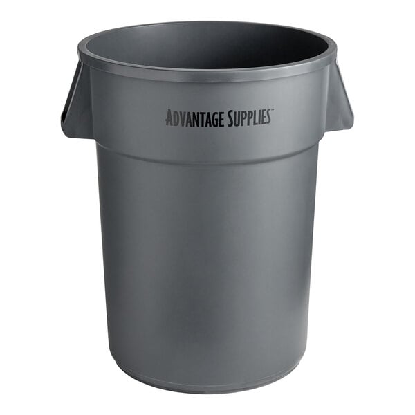 A gray plastic 44 gallon round trash can with the words "Advantage Supplies" on it.