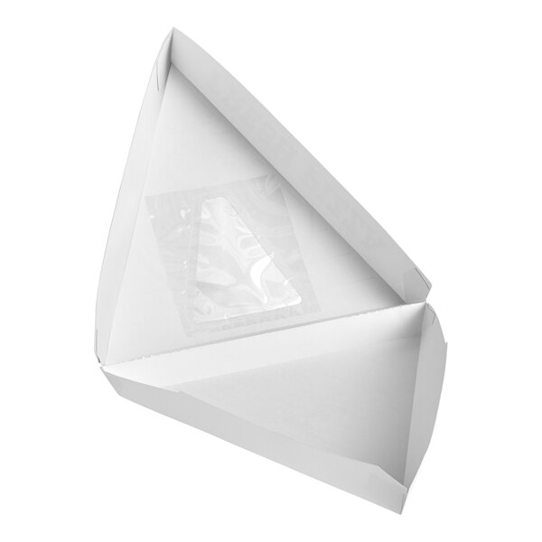 A white clay-coated triangular box with a plastic window inside.