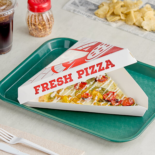 A pizza slice in a Choice white clay-coated box with a window on a tray.