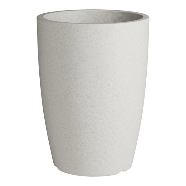 A gray cylinder shaped planter with a large base.
