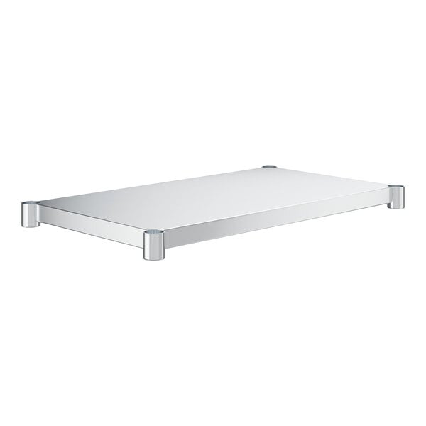 A galvanized steel undershelf for a work table.
