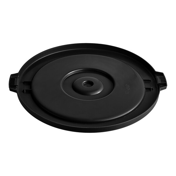 A black round Advantage Supplies trash can lid with a hole in it.