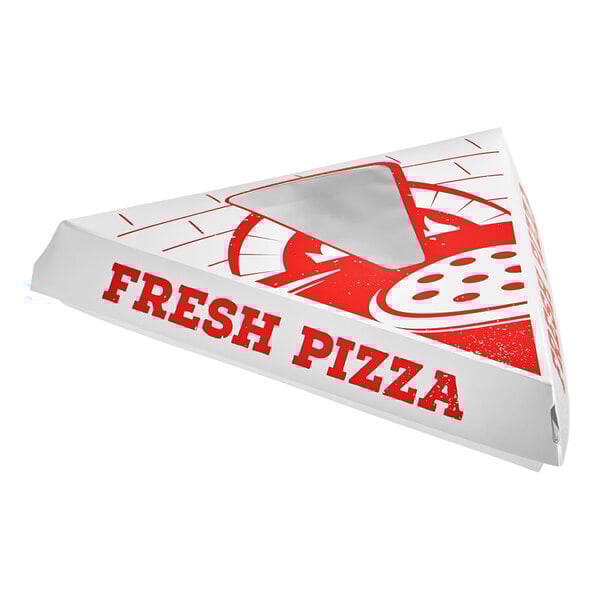 A white clay-coated pizza slice box with red text that says "Fresh" and a window.
