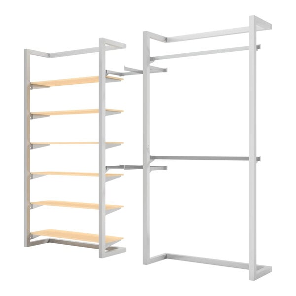 A white metal retail display with 6 shelves and 2 hangrails.
