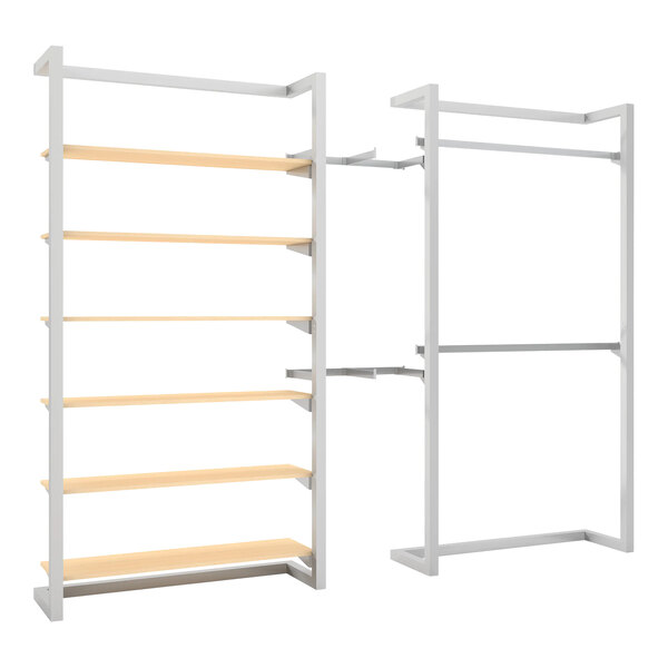 A white rectangular retail display with white and grey metal shelves.