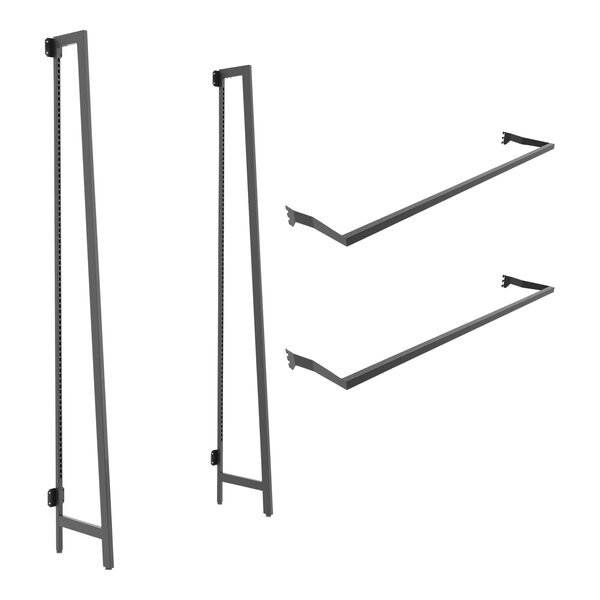 A pair of black metal shelves with two hangrails.