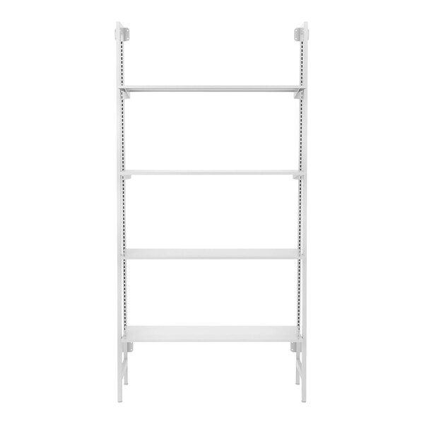 An Econoco white metal wall-mount shelf with 4 adjustable shelves.