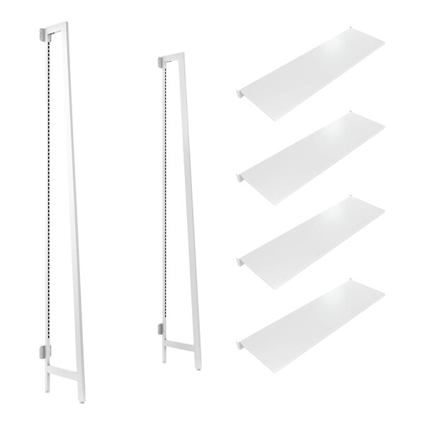 A white rectangular wall-mounted shelf with chains holding four white shelves.