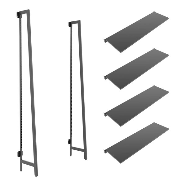 A group of rectangular black objects with one of them assembled into an A-frame with four legs.